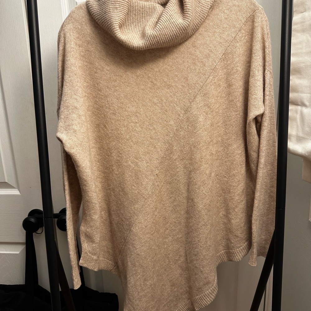 Aqua Cowl Neck  Asymmetrical Cashmere Sweater in Beige